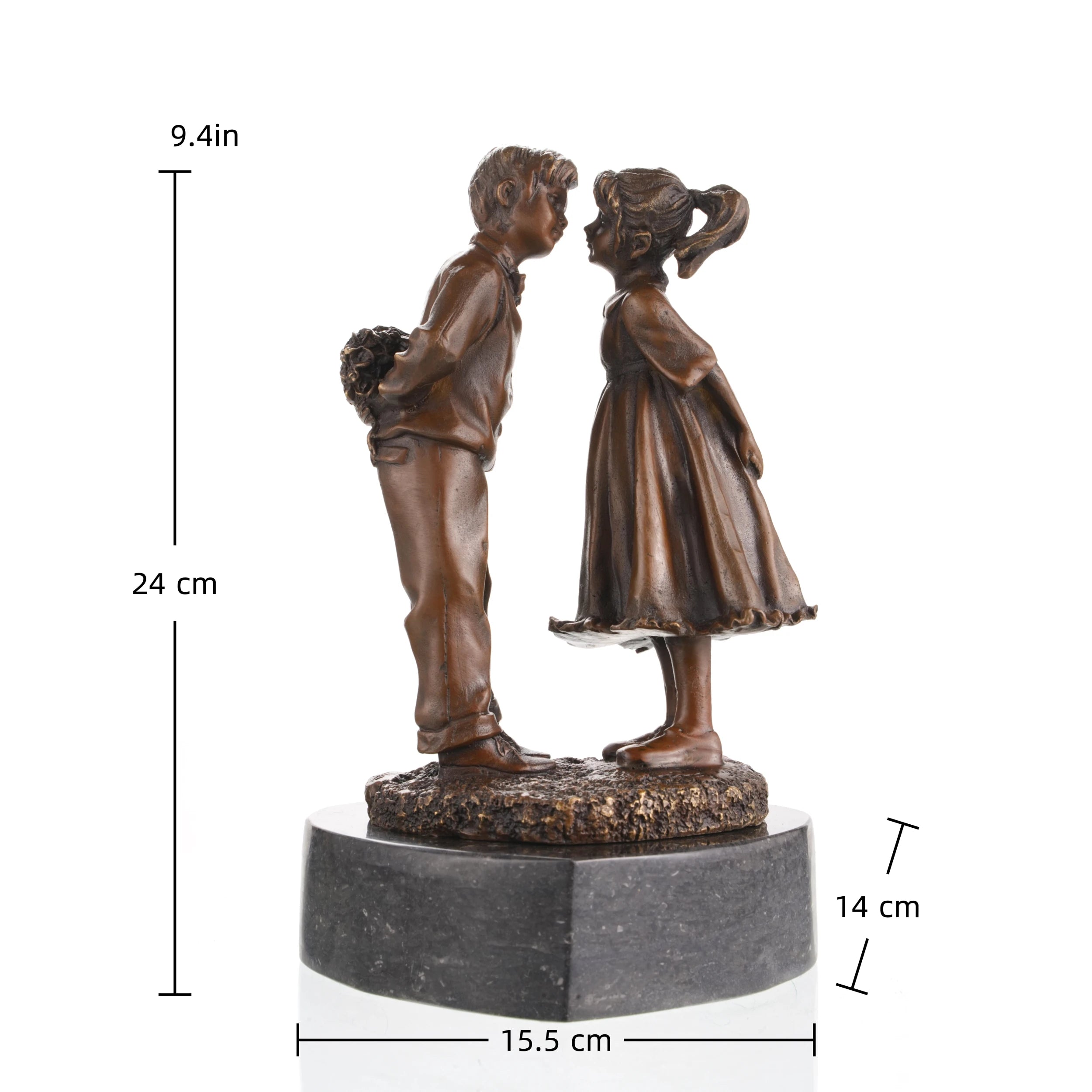 size of children whispering bronze sculpture