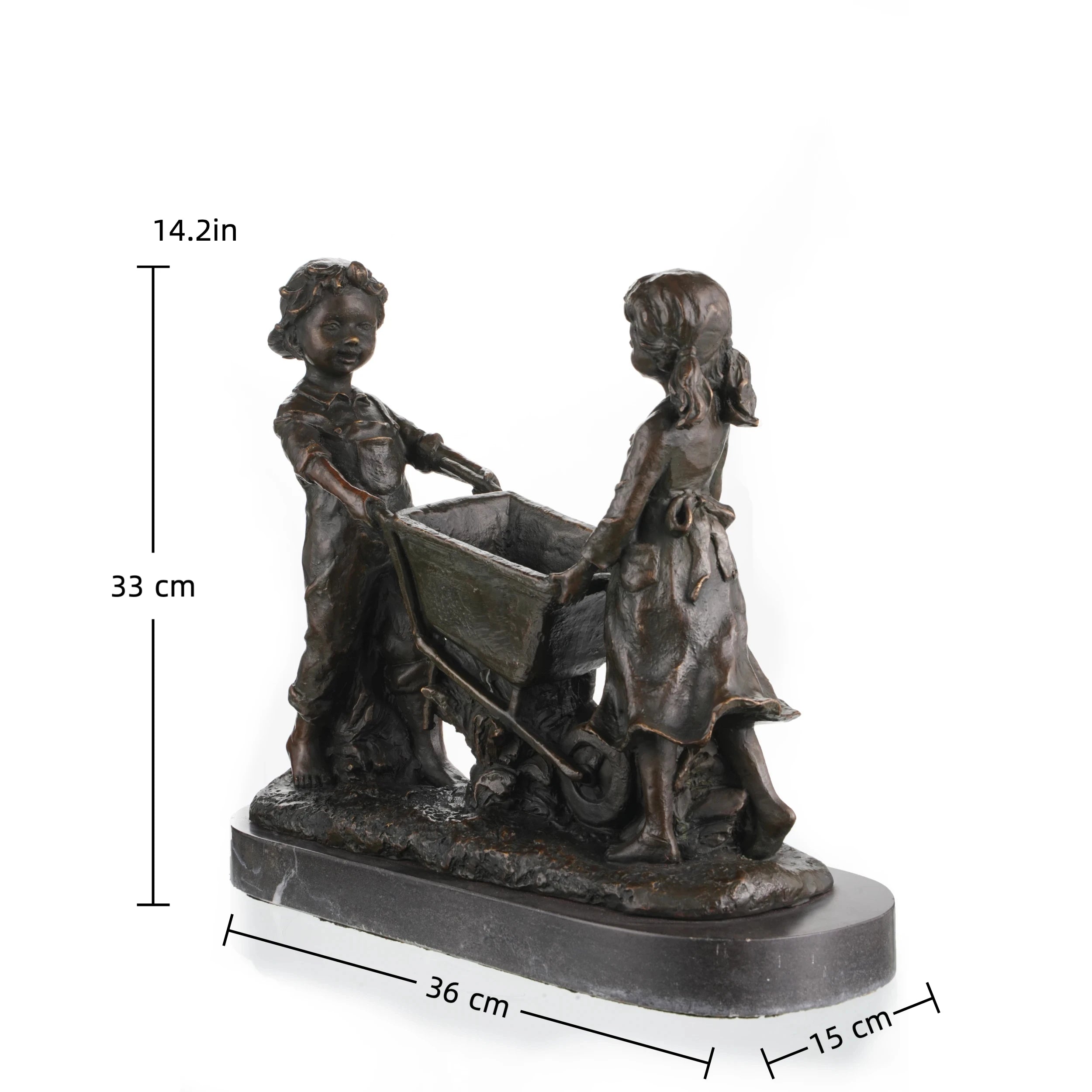 Nostalgic bronze sculpture of a boy and girl with a wheelbarrow on black marble base, heartwarming children playing art for home decor.