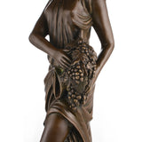 Close-up of grape cluster and hand details on solid bronze Bacchante sculpture