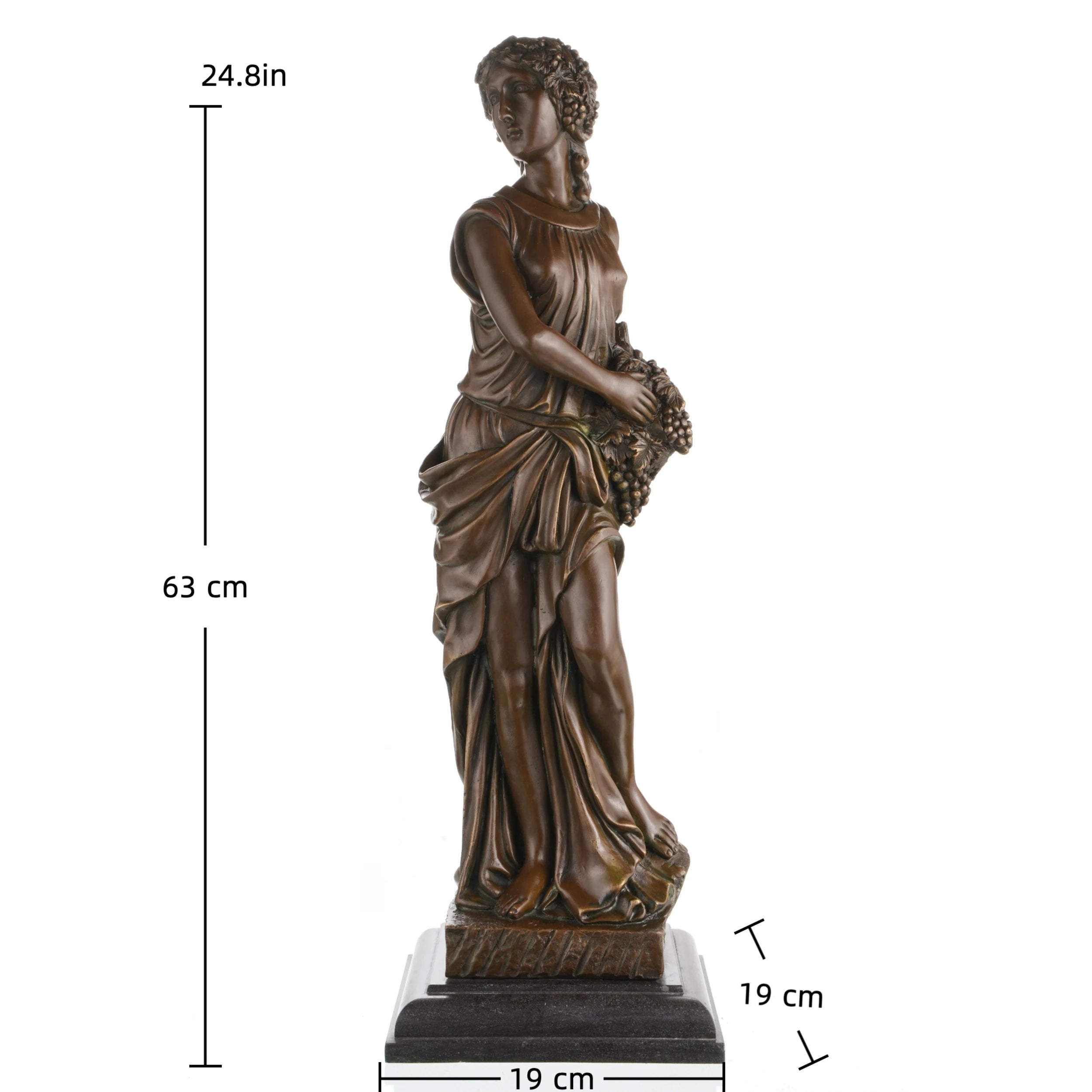 Side view of handcrafted bronze Bacchante statue with flowing classical drapery and grape cluster