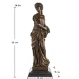Side view of handcrafted bronze Bacchante statue with flowing classical drapery and grape cluster