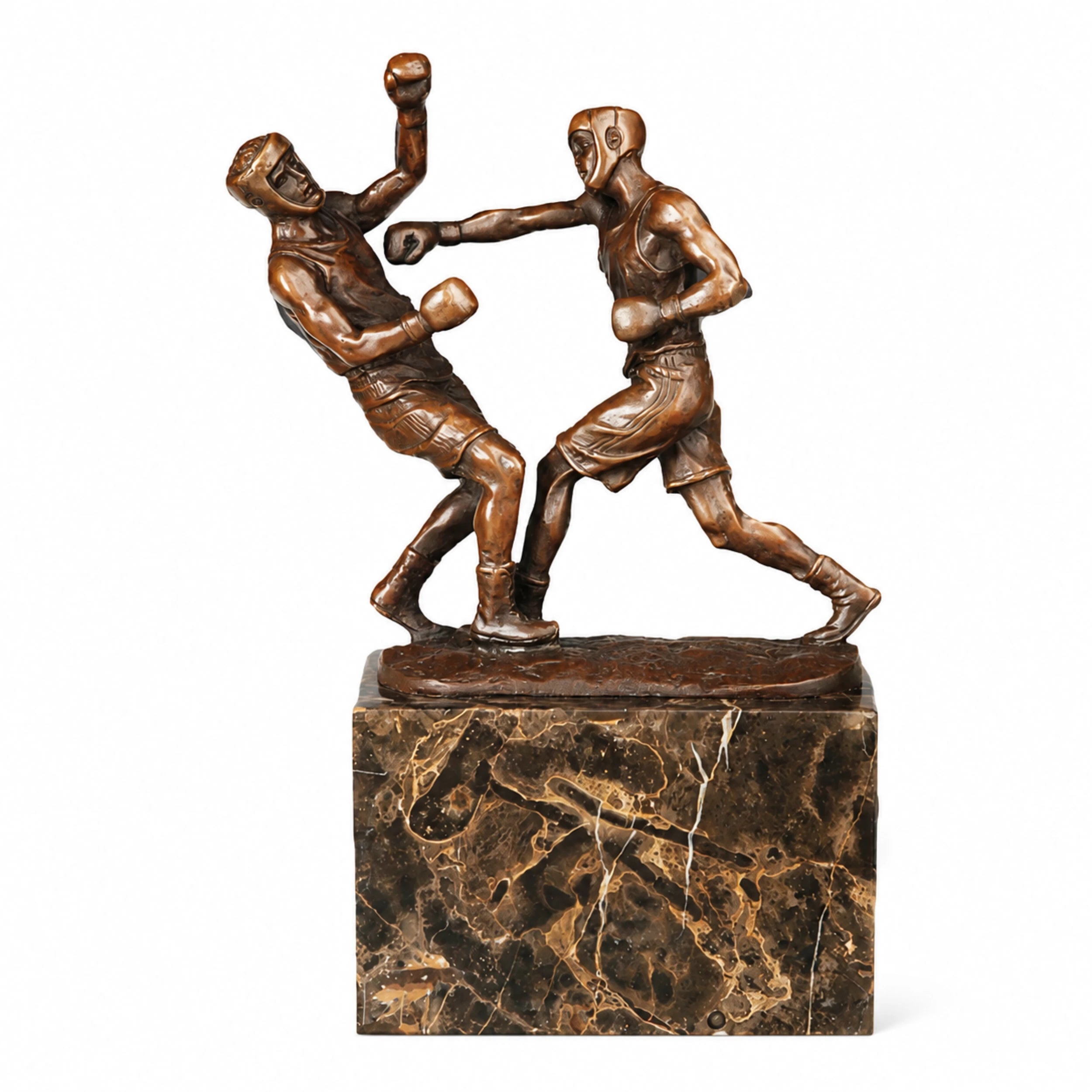 Handcrafted bronze boxing fighters sculpture capturing two boxers in a dynamic match