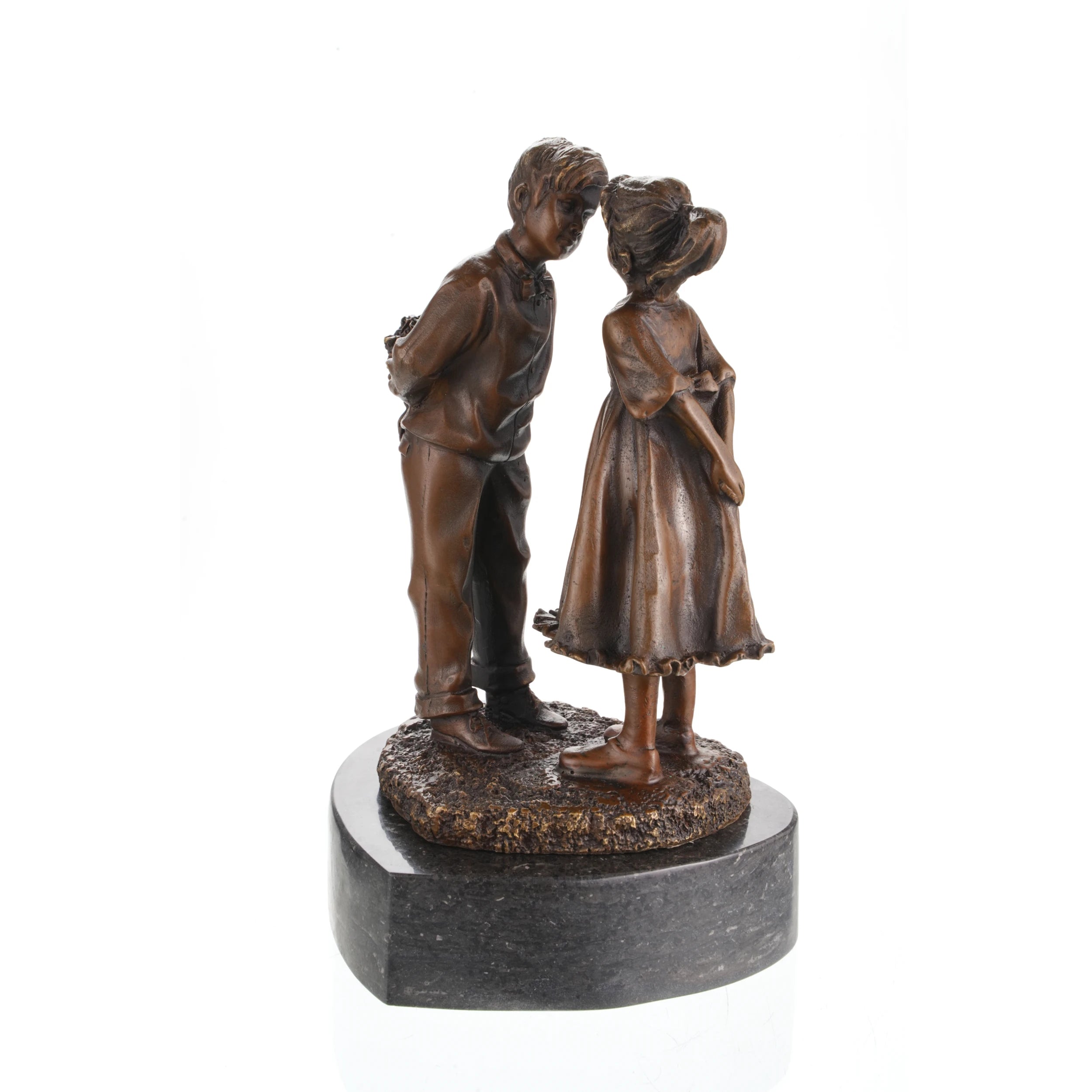 Front view of a handcrafted bronze boy and girl with flowers sculpture on a natural marble base.