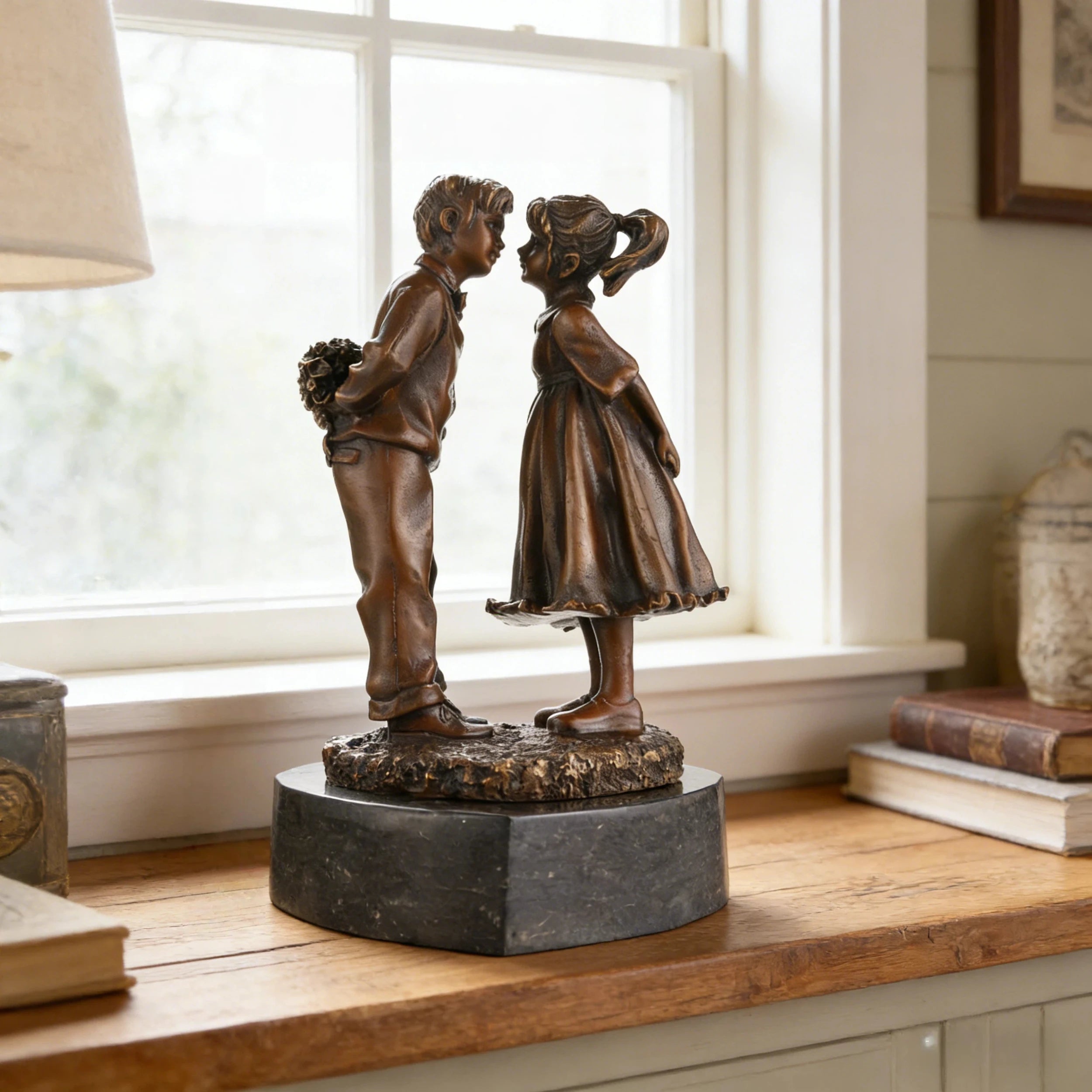 Handcrafted bronze boy and girl with flowers sculpture displayed on a windowsill in a cozy home interior.