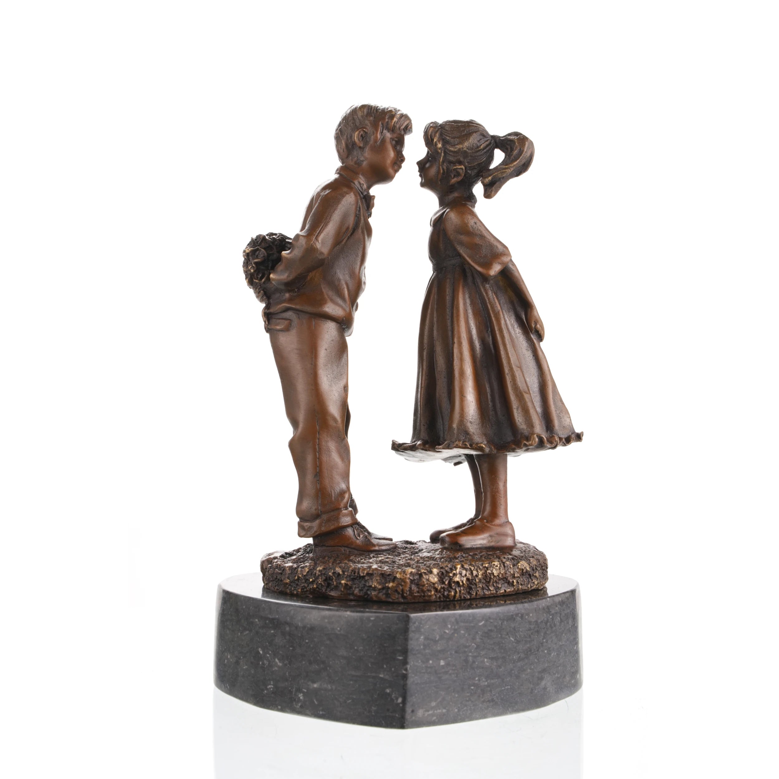 Left side view of a bronze boy and girl first love sculpture handcrafted using lost-wax casting.