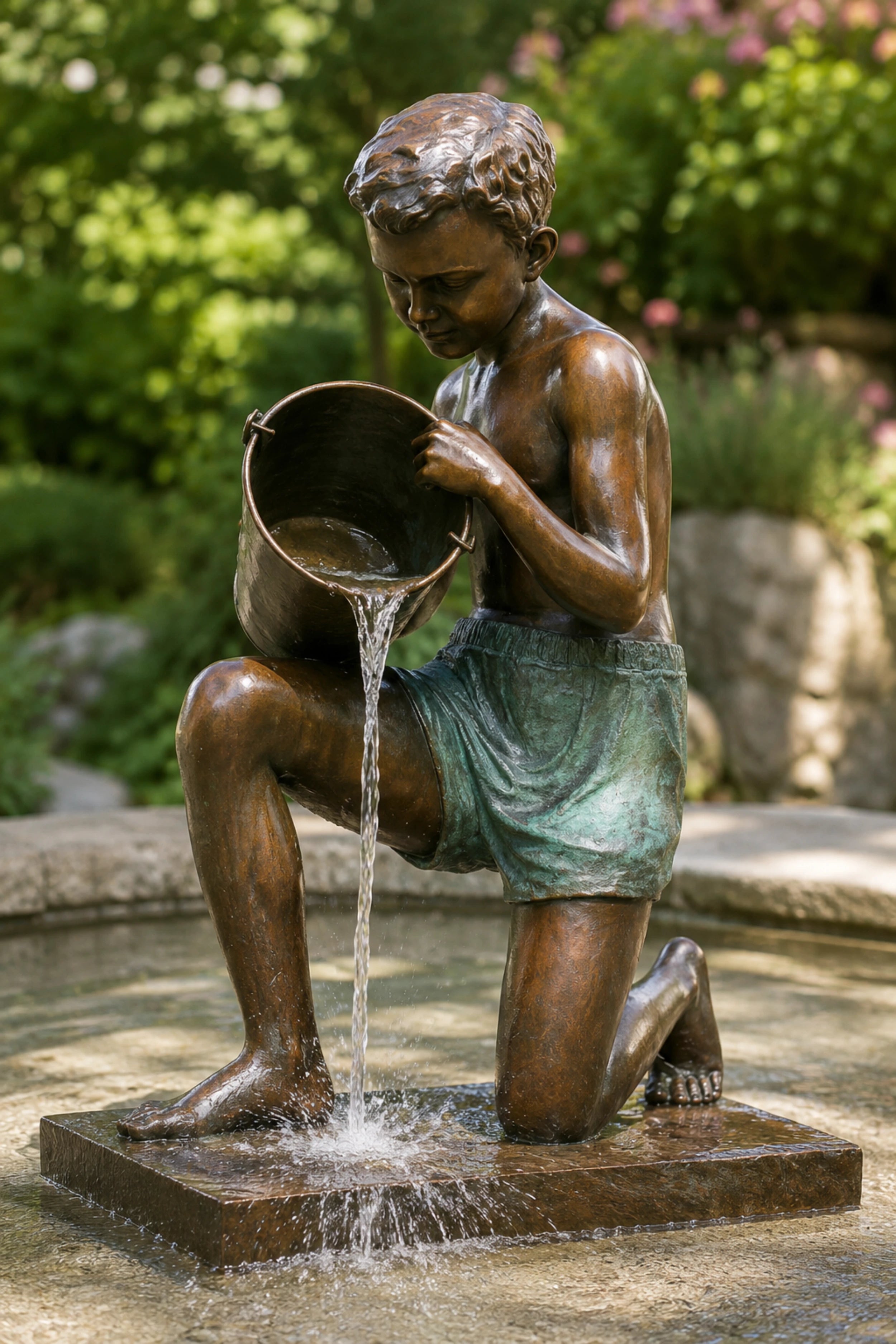 Classical bronze boy pouring water fountain with bucket for gardens and courtyards