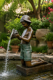 Classical bronze kneeling boy fountain holding a conch shell water feature