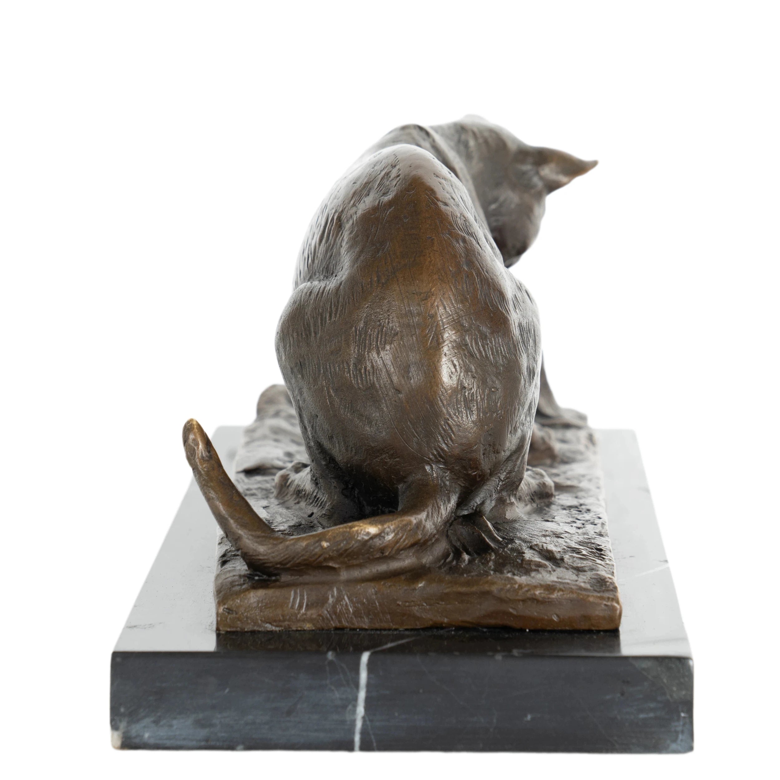 rear view of bronze cat and butterfly sculpture showing crouching pose and textured fur