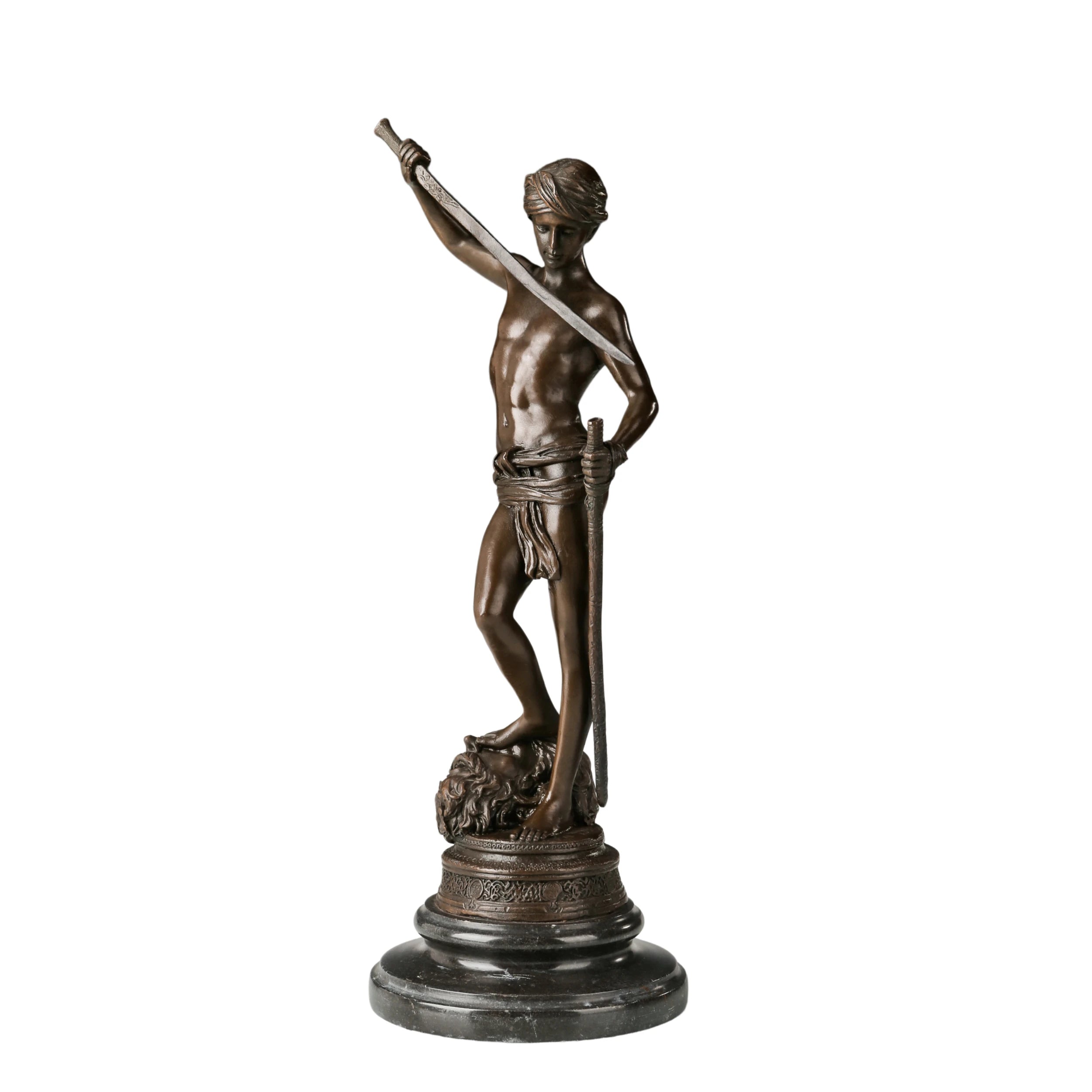 Front view of handcrafted bronze David and Goliath statue with sword