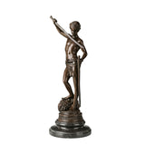 Front view of handcrafted bronze David and Goliath statue with sword