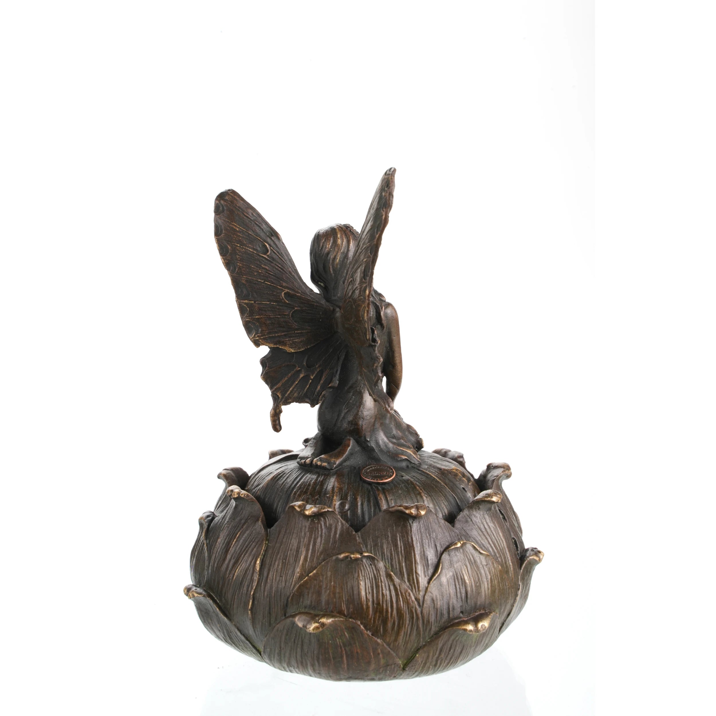 Rear view of bronze fairy jewelry box with lotus flower base