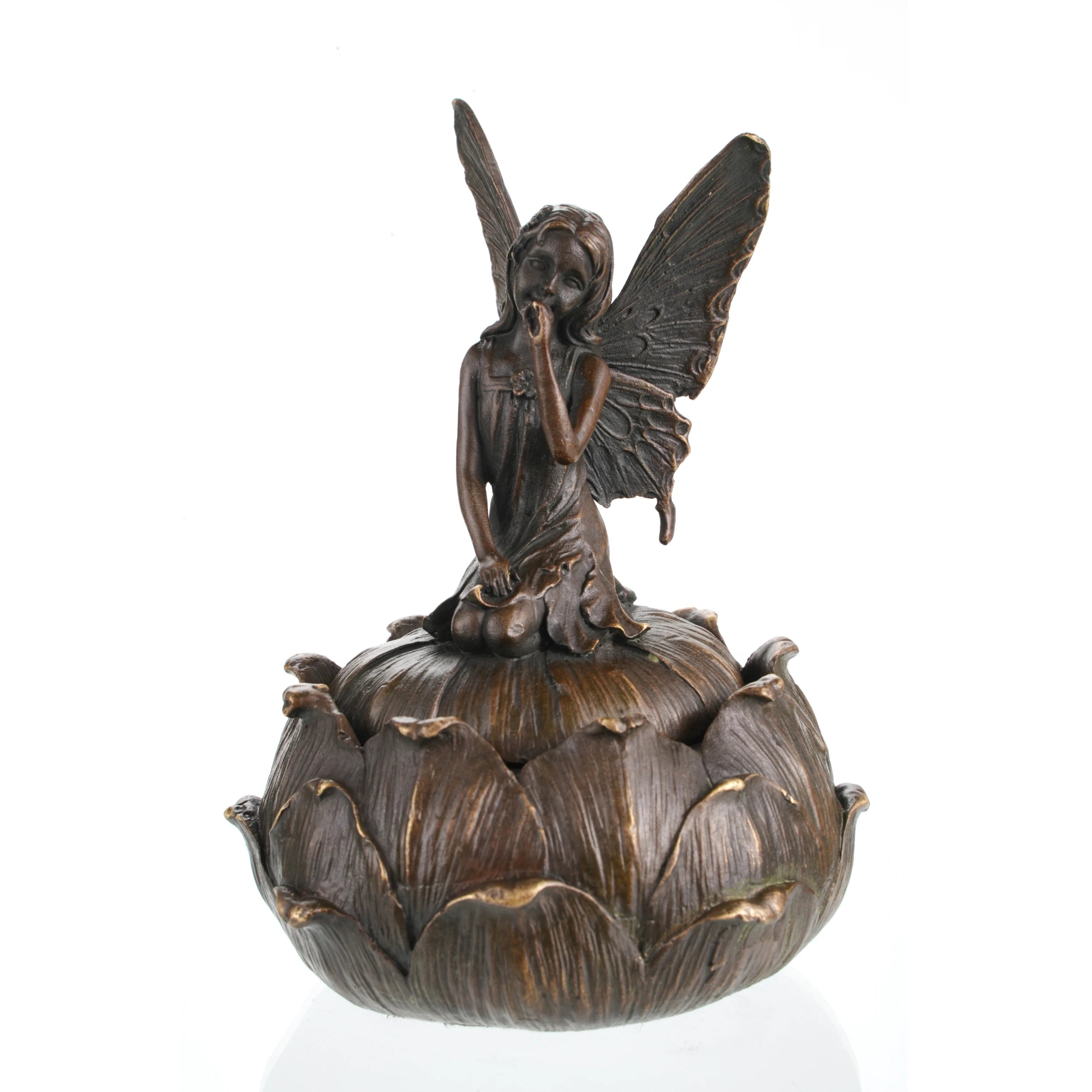 Side view of handcrafted bronze fairy hidden storage box