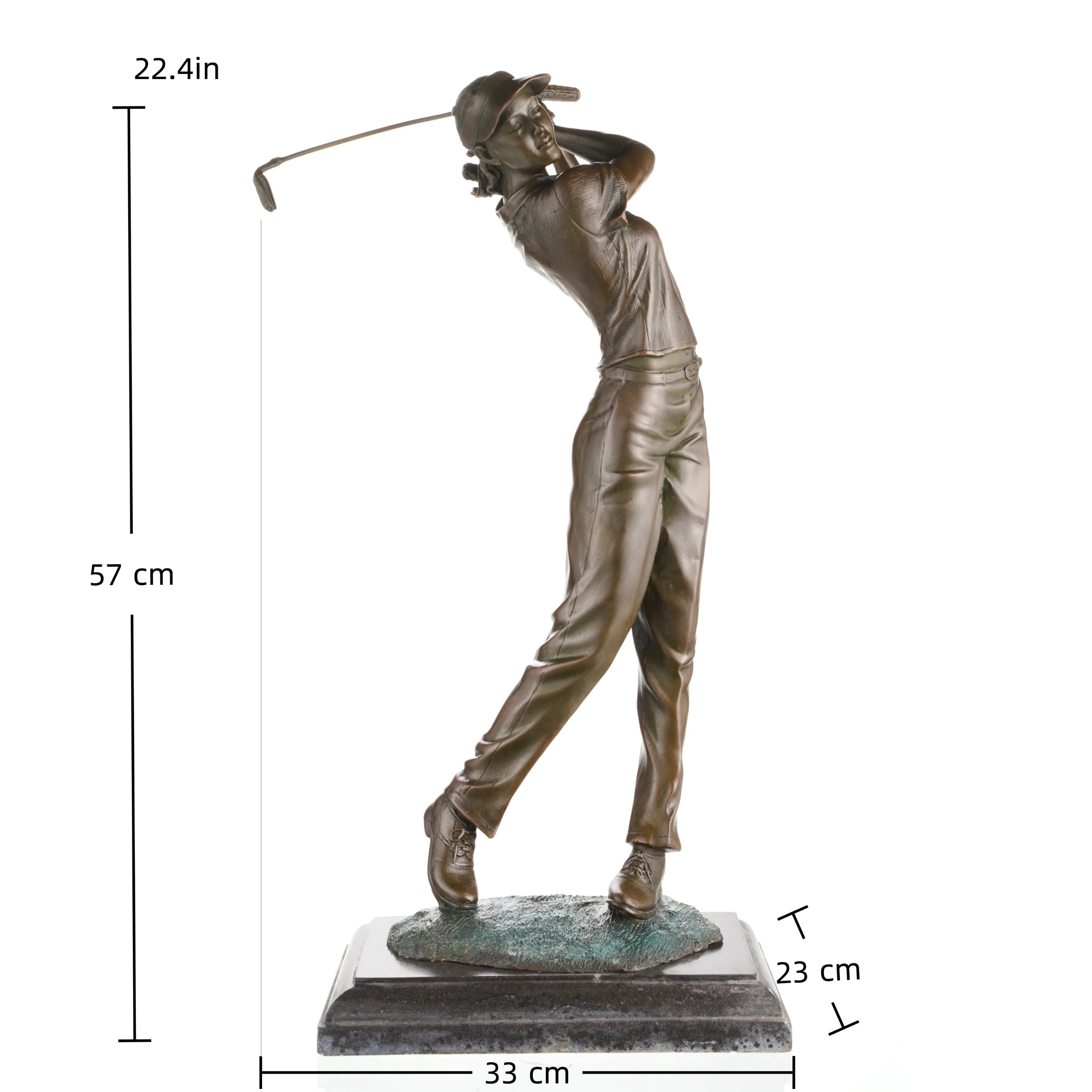 Right side view of a solid bronze female golf player sculpture with realistic athletic details.