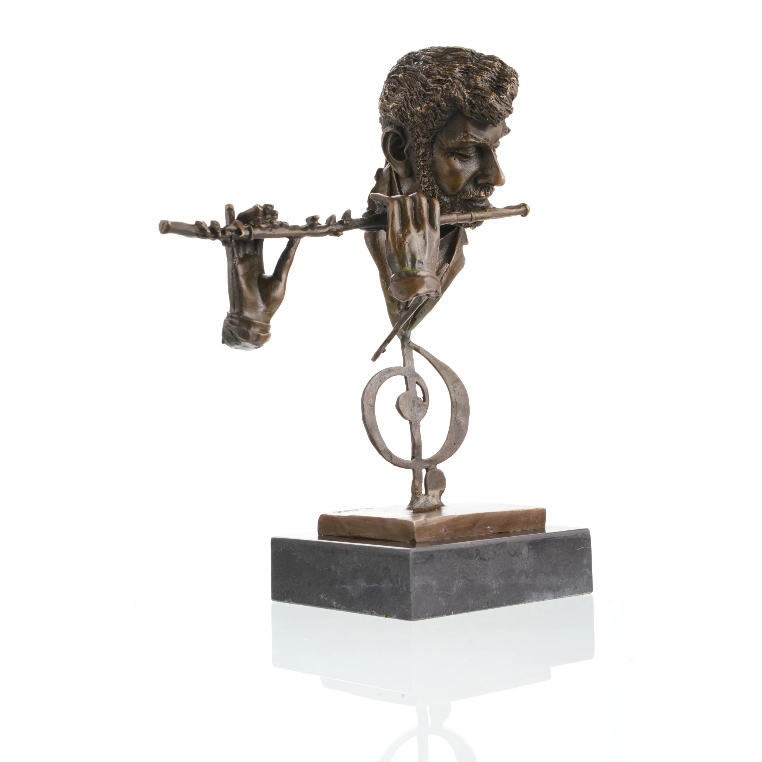 Right side view of a bronze flute player sculpture featuring expressive details and musical symbolism.