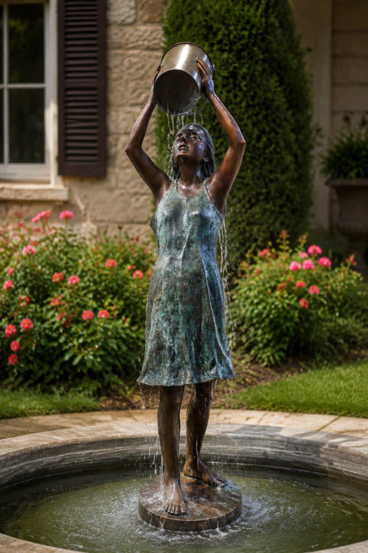 Handcrafted bronze girl with bucket fountain for garden and outdoor landscape