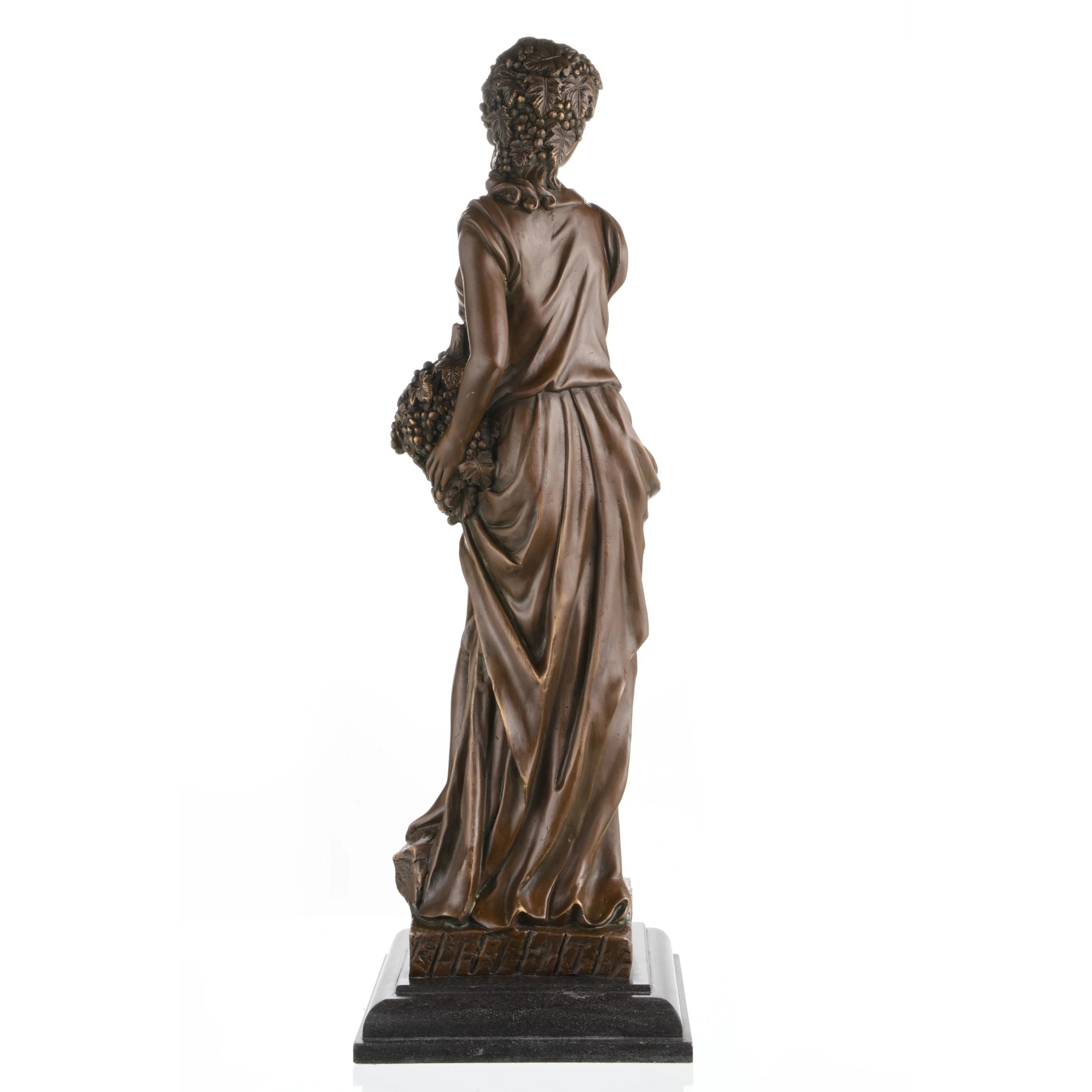 Rear view of bronze Greek maiden sculpture showing flowing robe and braided hairstyle