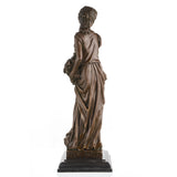 Rear view of bronze Greek maiden sculpture showing flowing robe and braided hairstyle