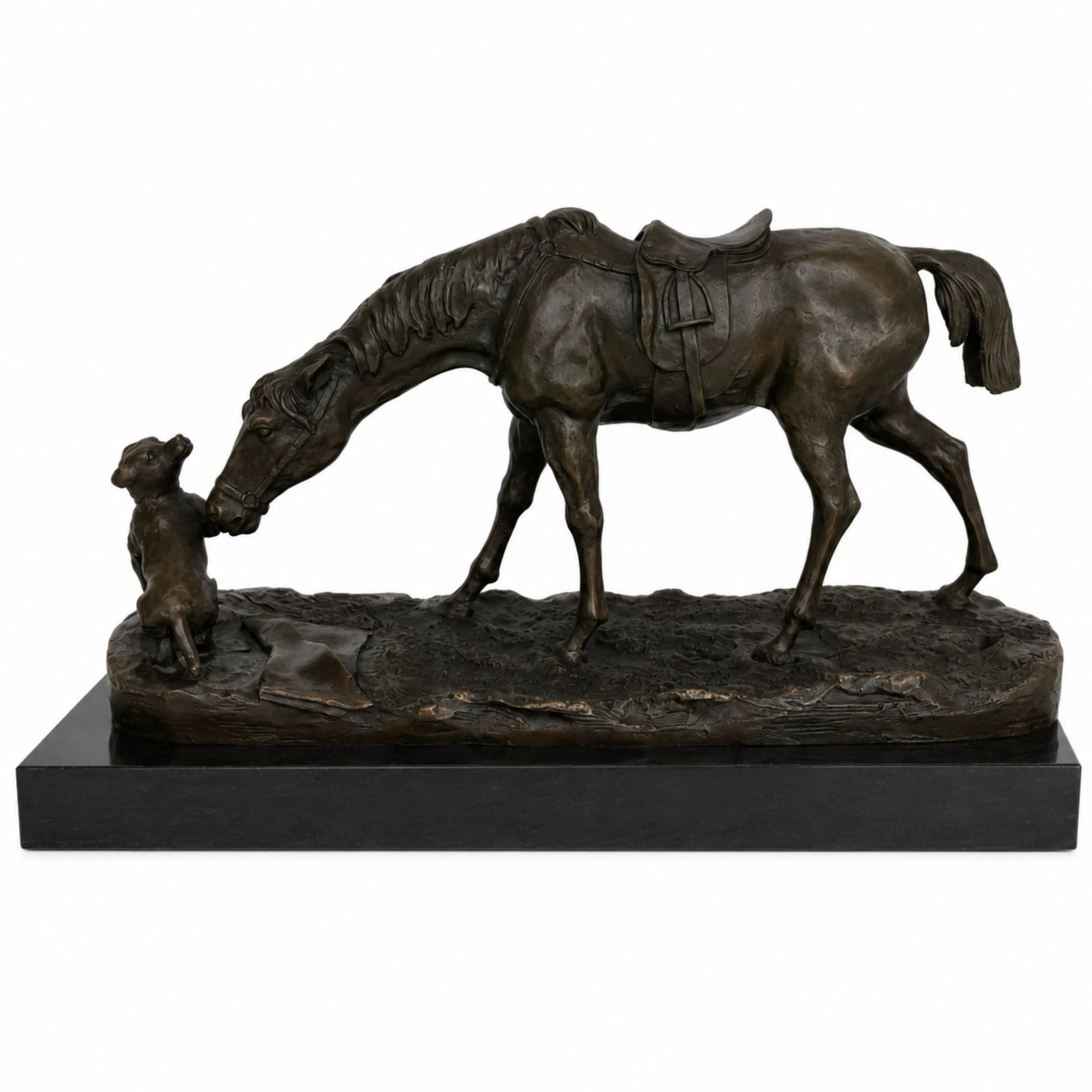 Left side view of bronze horse and dog sculpture with detailed saddle, mane, and textured ground