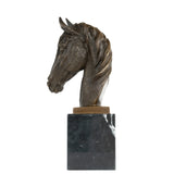 Left side view of bronze horse head sculpture with natural marble base