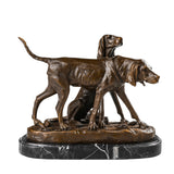 Handcrafted bronze hunting dog pair sculpture with one standing dog and one seated sporting dog