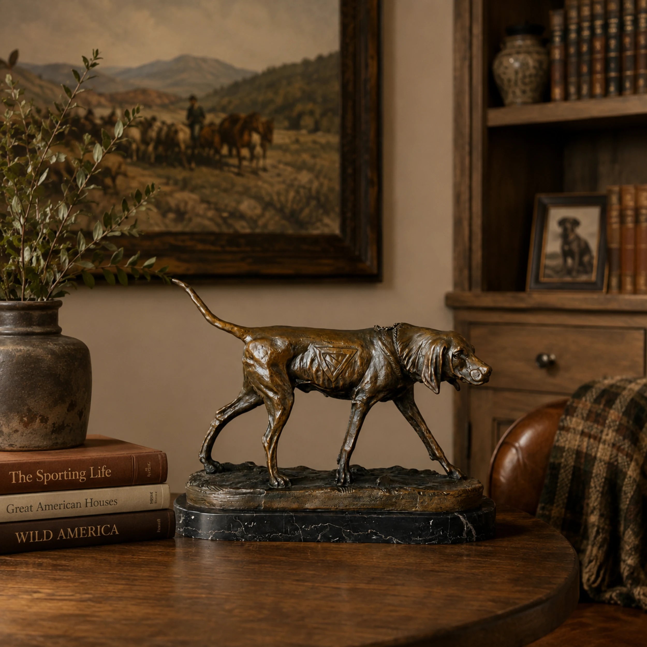 Bronze hunting dog sculpture displayed as elegant hunting lodge, study, and country home decor