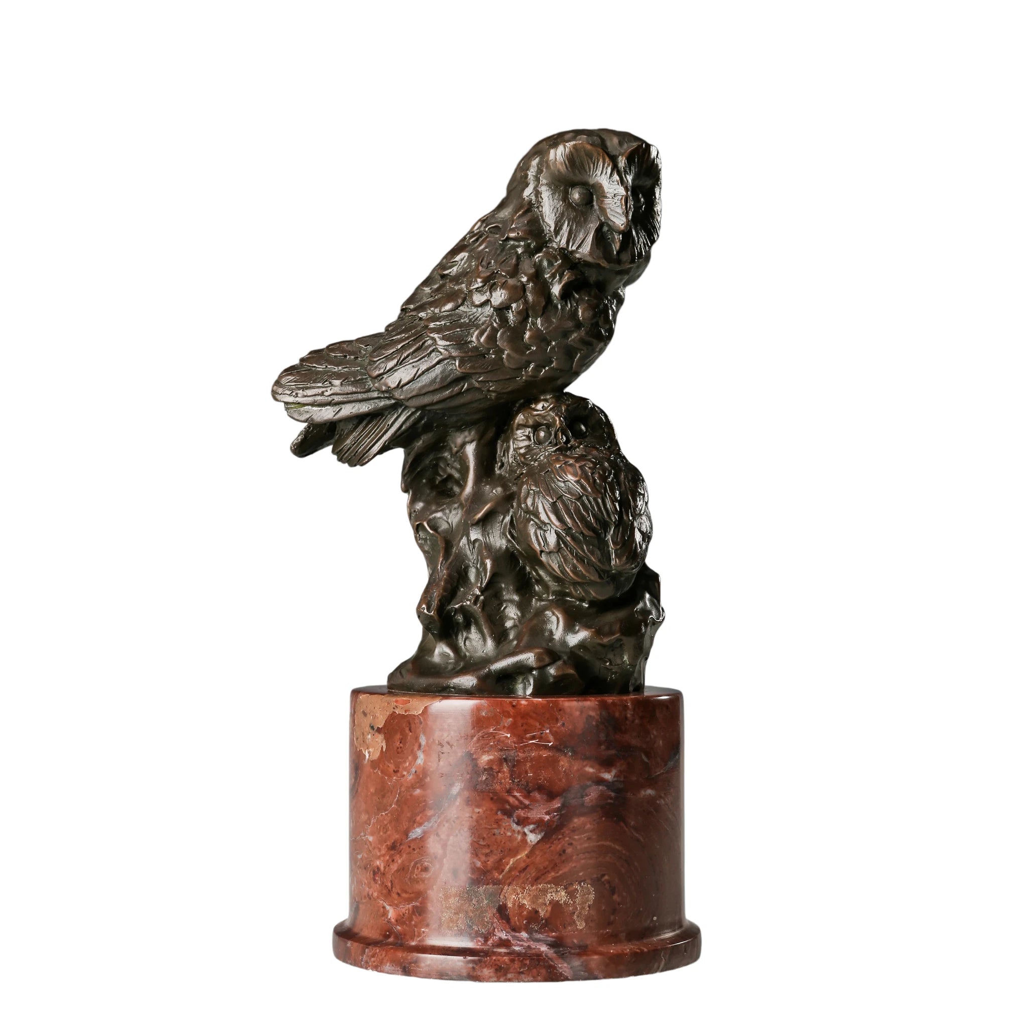 Handcrafted bronze mother and baby owl sculpture with protective family composition