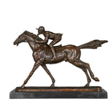 Handcrafted bronze racehorse and jockey sculpture in a dynamic full-stride racing pose