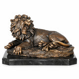 Handcrafted bronze roaring lion sculpture in a reclining pose with open mouth and detailed flowing mane