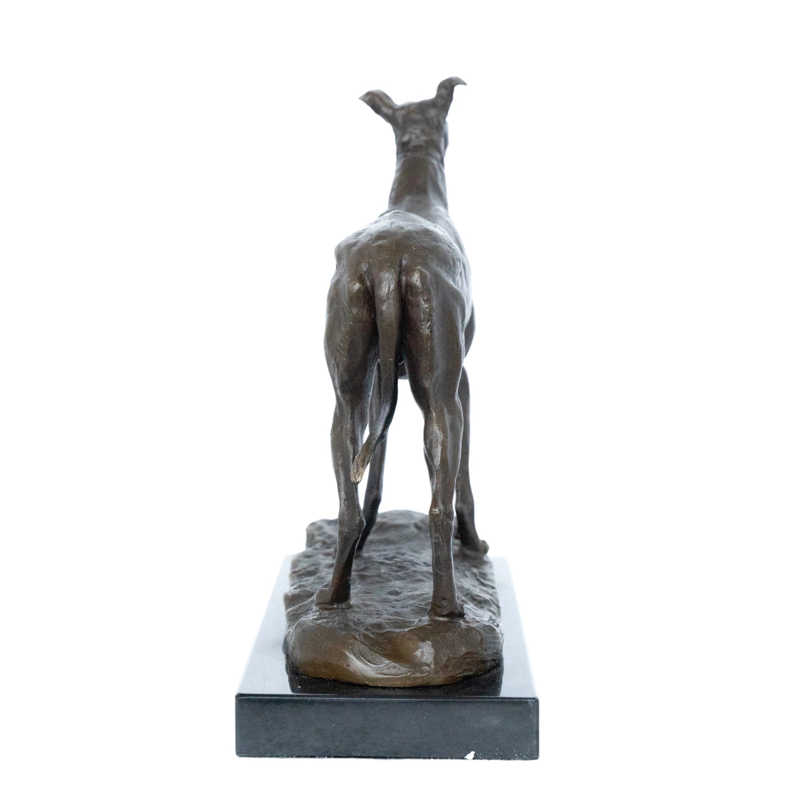 Rear view of bronze sighthound dog sculpture showing slim body proportions and long legs