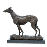 Left side view of bronze sighthound sculpture with slender legs deep chest and tucked abdomen