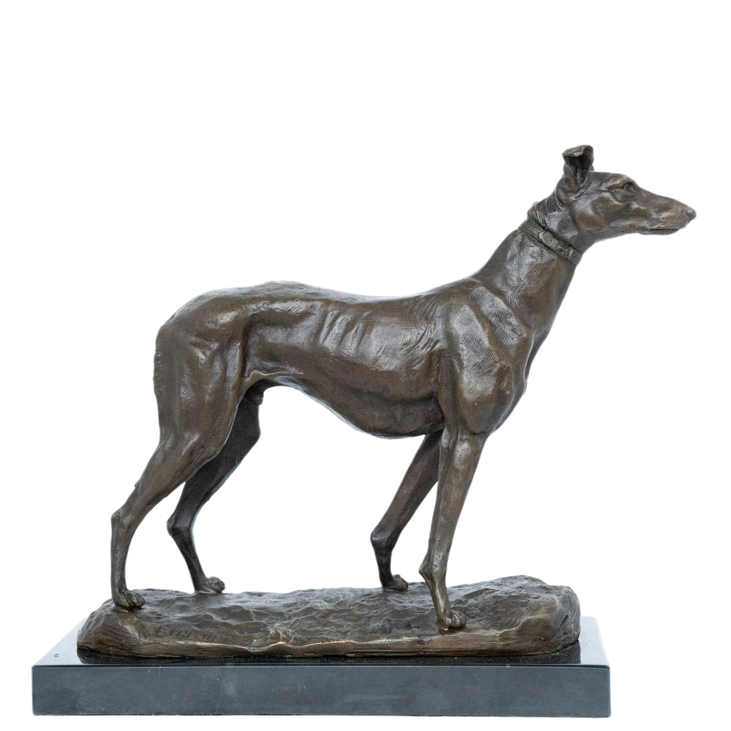 Handcrafted bronze sighthound dog sculpture in an alert standing pose with raised ears