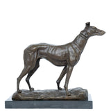 Handcrafted bronze sighthound dog sculpture in an alert standing pose with raised ears