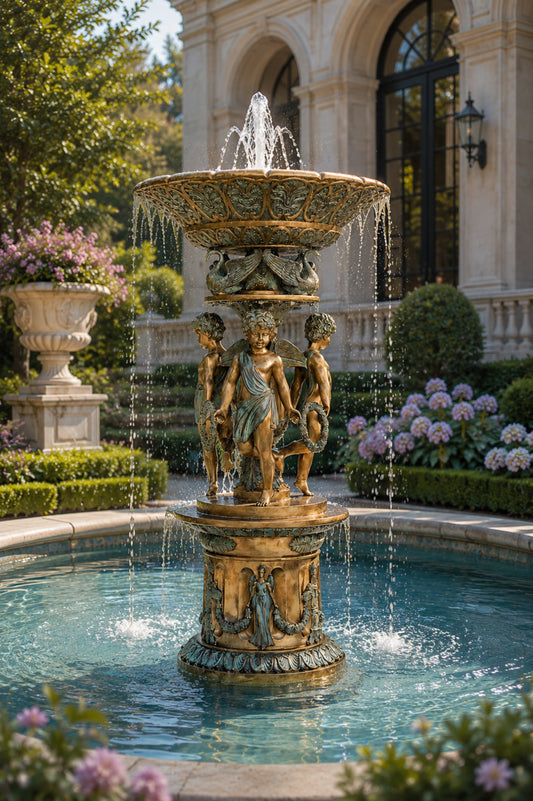 Classical bronze three cherubs fountain with decorative swan motifs and ornamental basin