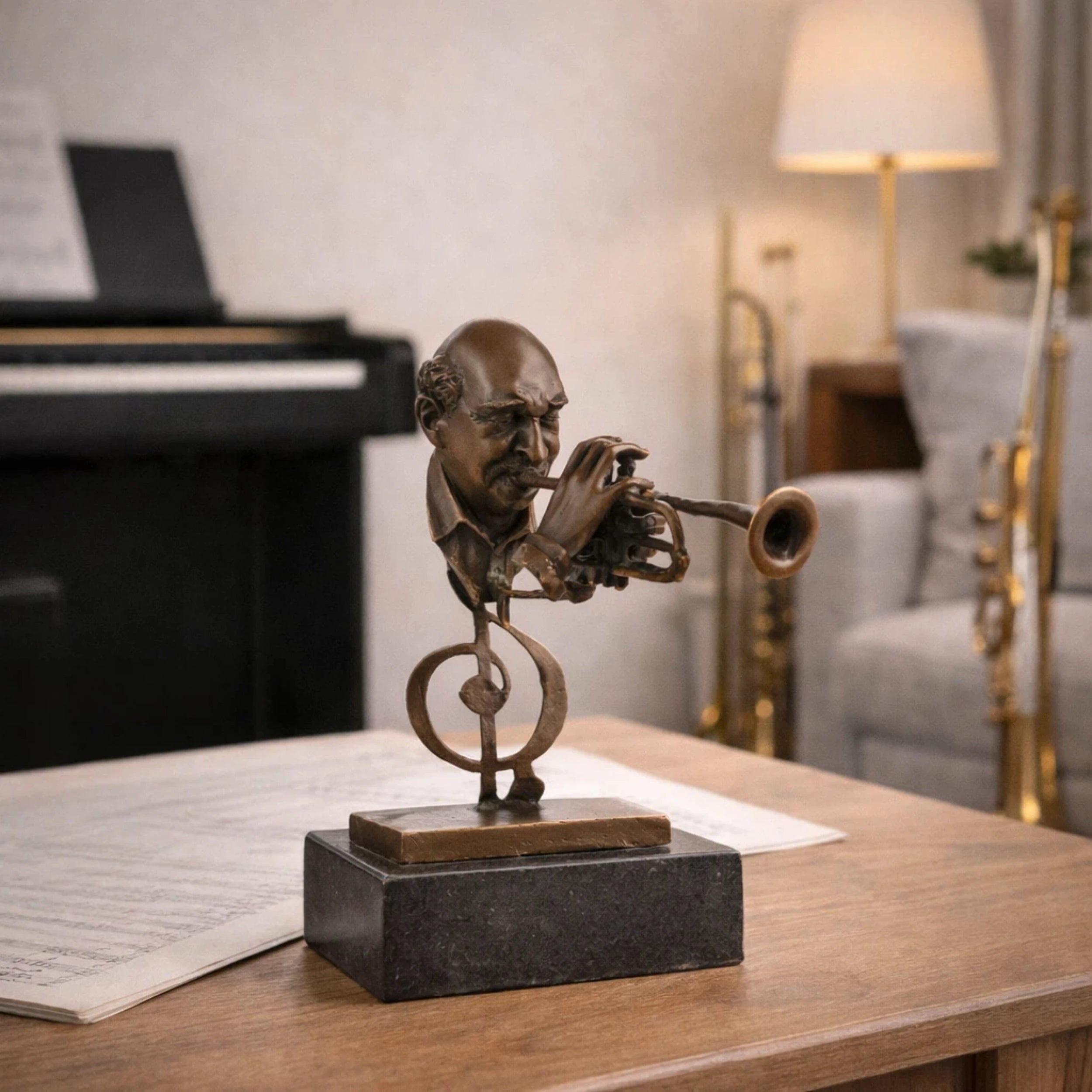 Handcrafted bronze trumpet player sculpture displayed in a modern music room.