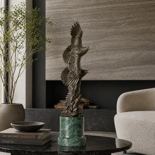 handcrafted bronze twin eagles soaring statue on green marble base, luxury office desk decor for executives.