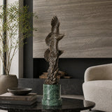 handcrafted bronze twin eagles soaring statue on green marble base, luxury office desk decor for executives.