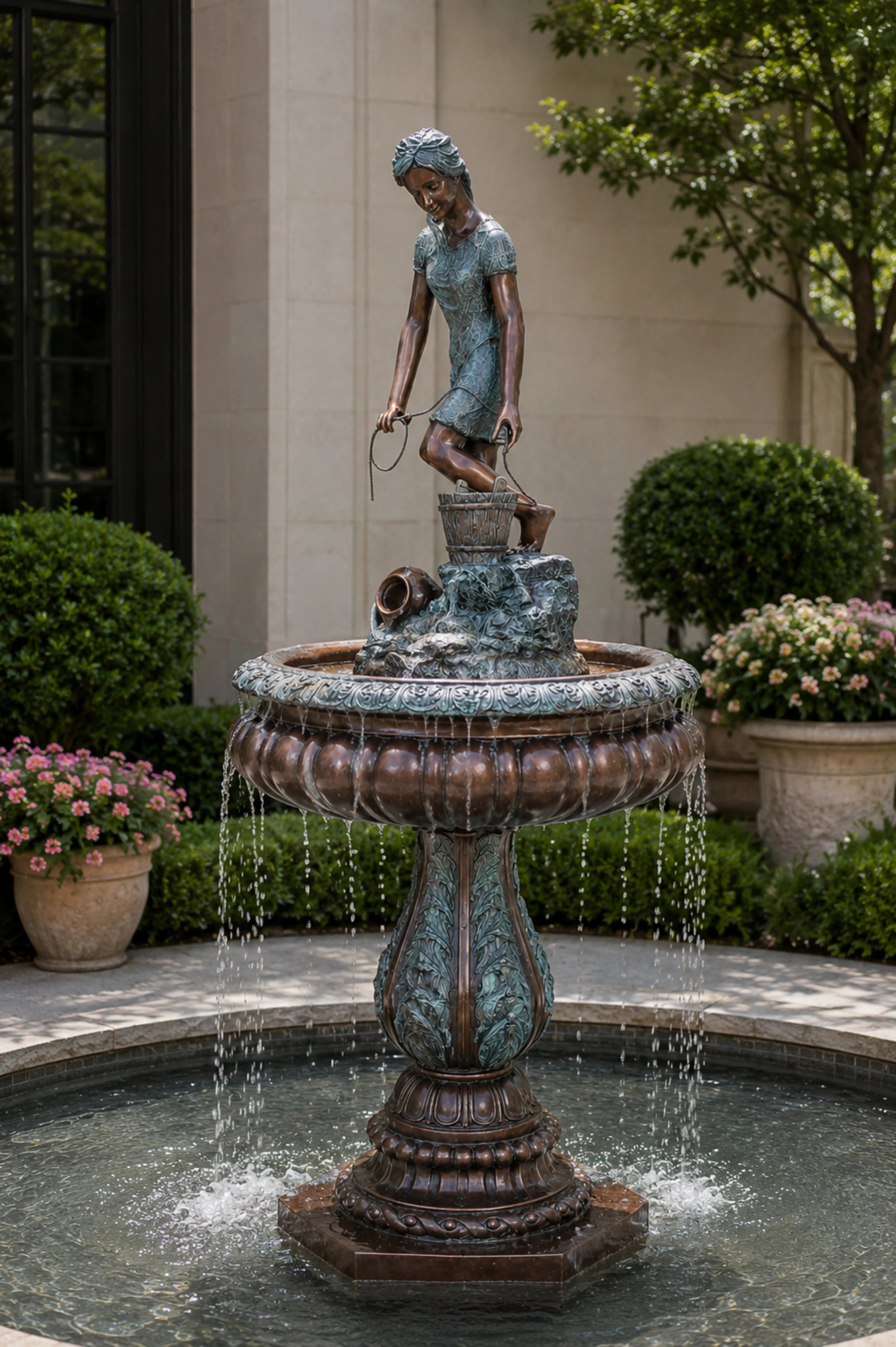 Classical bronze water carrier girl fountain statue with bucket and decorative garden basin