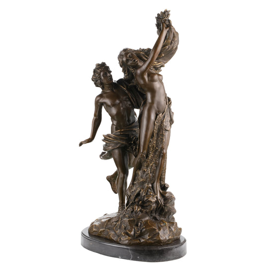 Dramatic bronze Cupid and Psyche sculpture in tender embrace, mythological love and soul statue on oval black marble base, loss wax casting romantic fine art.