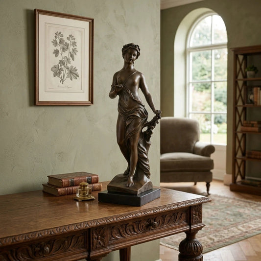 Solid bronze Greek goddess sculpture, classical female figure with flowing drapery on black marble base, luxury home decor art.