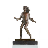 Dynamic bronze Michael Jackson statue in classic dance pose, King of Pop sculpture with flowing hair and open jacket on black marble base, loss wax casting music memorabilia.