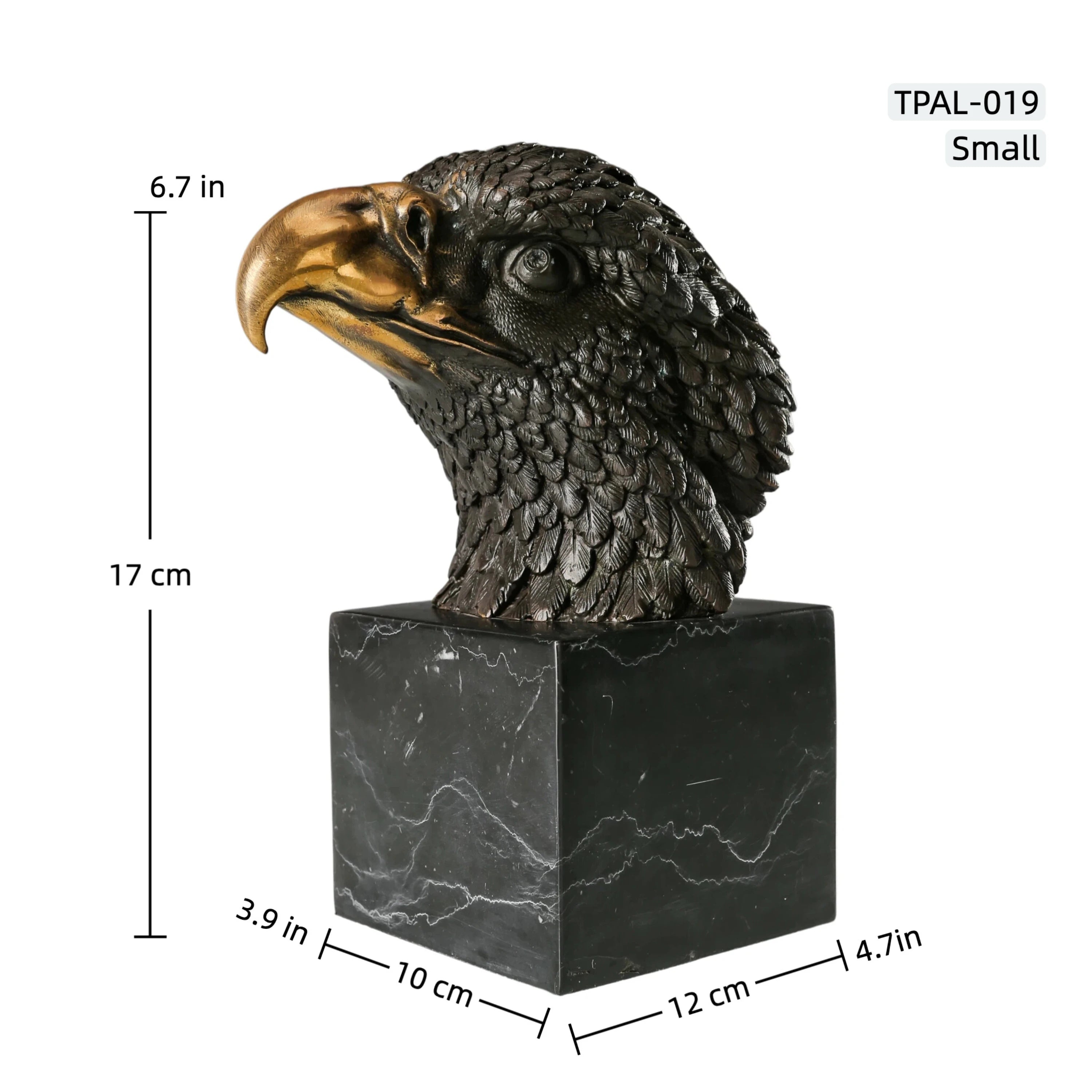 Majestic bald eagle bronze bust sculpture with detailed feathers and marble base. A powerful wildlife statue symbolizing freedom, strength, and leadership.