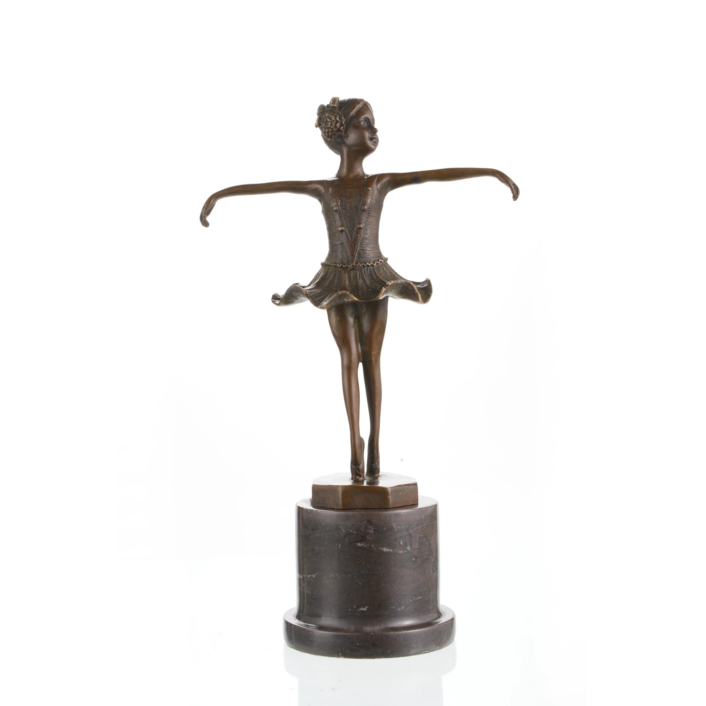 This charming bronze sculpture captures a young ballerina in a graceful moment of dance, expressing innocence, elegance, and the joy of movement. Crafted using the traditional lost-wax casting method, the figure stands en pointe with arms gently extended and head lifted, creating a light and balanced silhouette.