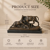 Detailed bronze bullfight scene sculpture with charging bull and matador cape, realistic animal anatomy statue on veined black marble base, loss wax casting fine art.