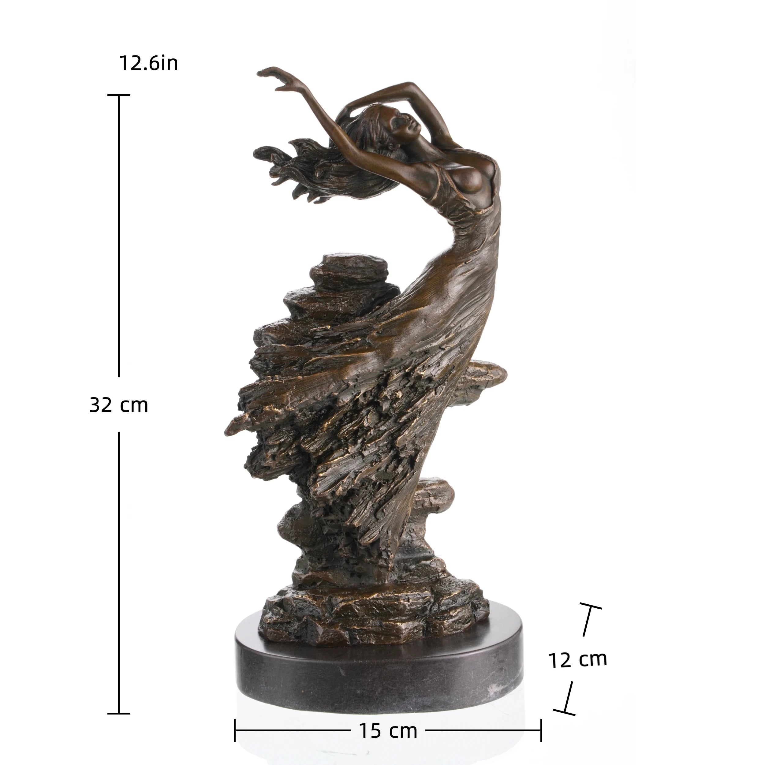 Art Nouveau bronze dancing maiden statue mid-leap, fluid motion woman statue on black marble base, elegant interior art.