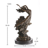 Art Nouveau bronze dancing maiden statue mid-leap, fluid motion woman statue on black marble base, elegant interior art.