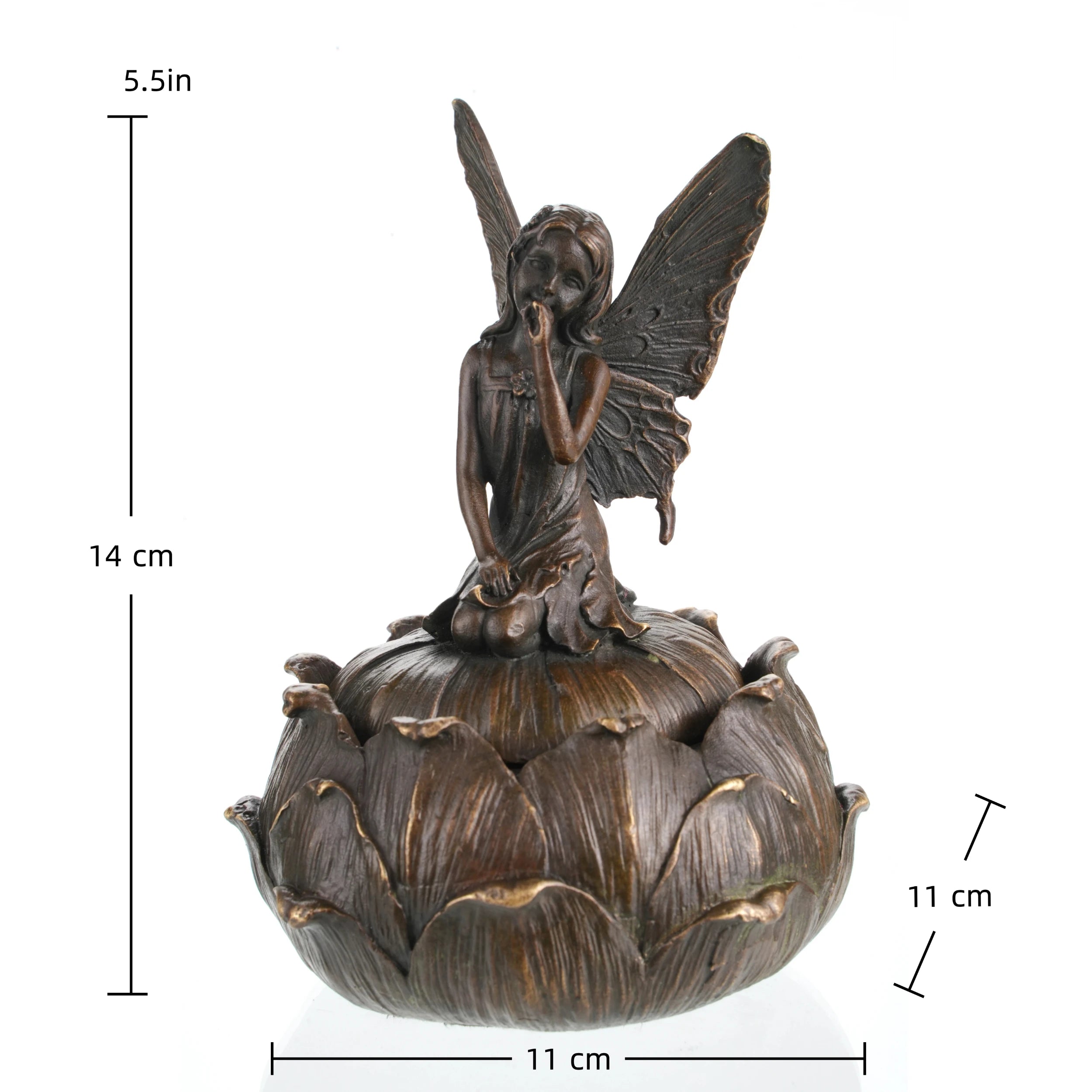 Bronze fairy on lotus lidded trinket box, butterfly wing pixie sculpture with hush gesture, lotus flower jewelry storage jar, handcrafted lost wax casting fantasy art.