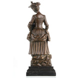 Elegant 18th century style bronze flower girl statue with tricorn hat and floral basket, Rococo maiden sculpture on stepped black marble base, loss wax casting fine art.