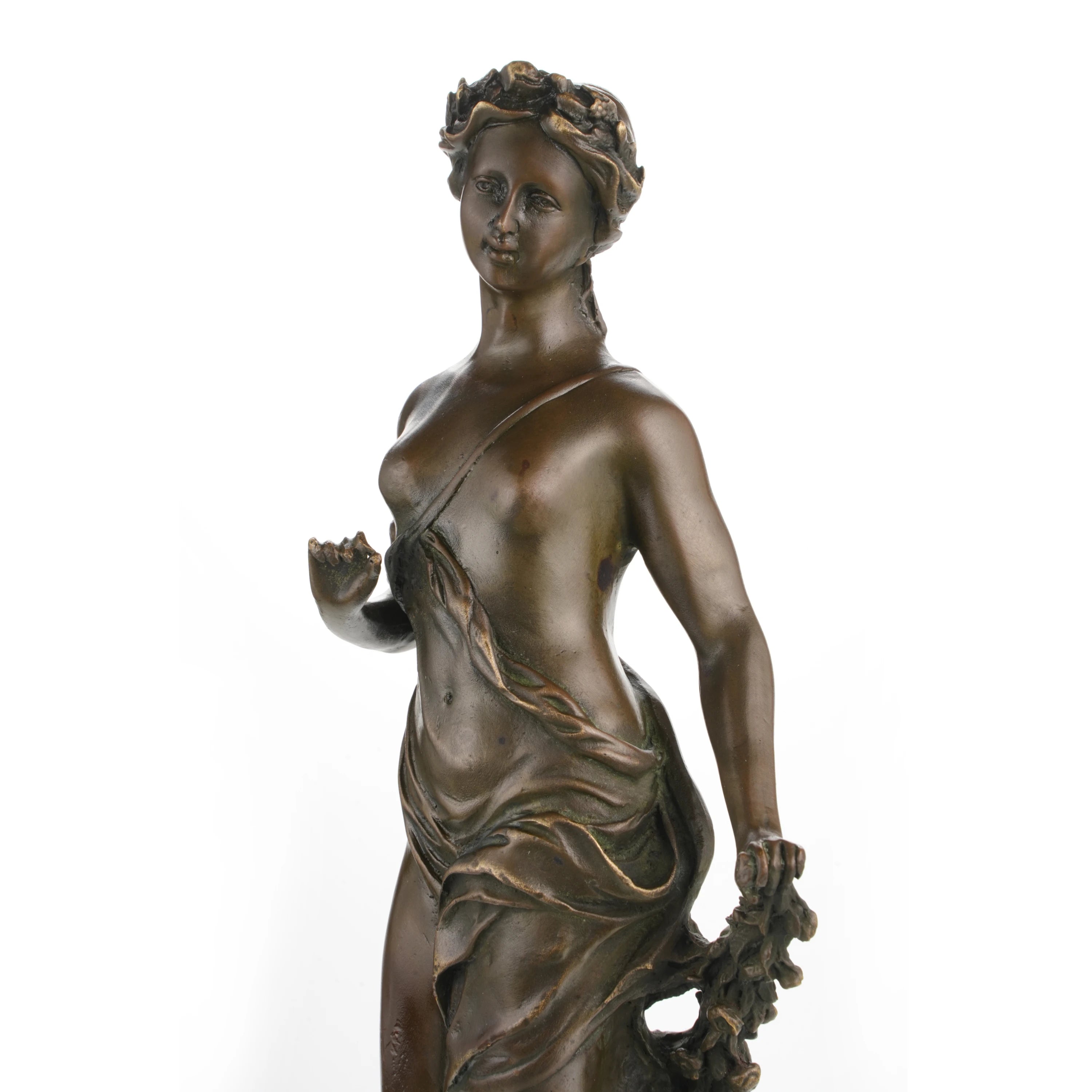 Bronze Greek goddess statue with flowing drapery and marble base. Classical female statue for home decor or art collection.