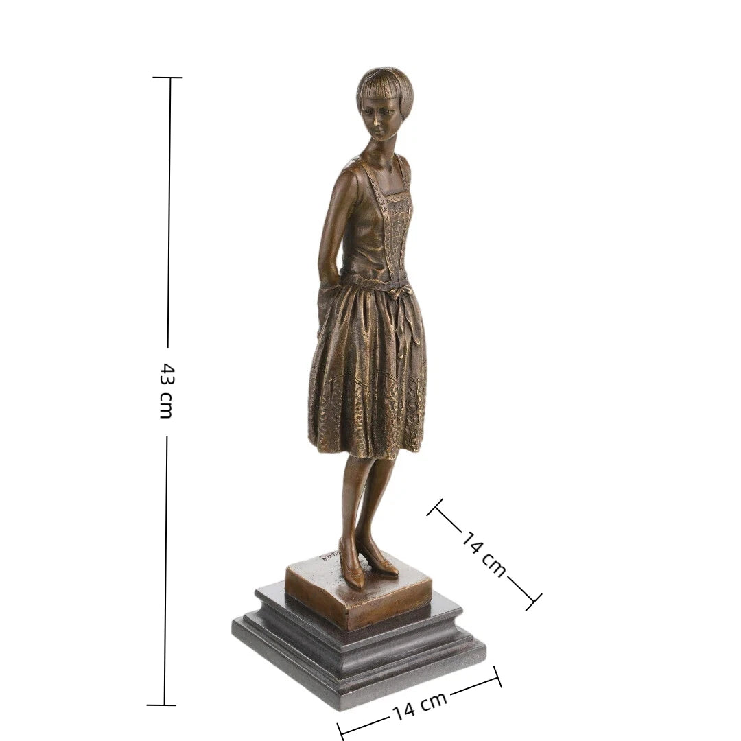 Elegant Art Deco bronze flapper girl sculpture with vintage 1920s style and marble base. A timeless decorative statue symbolizing elegance, freedom, and sophistication.