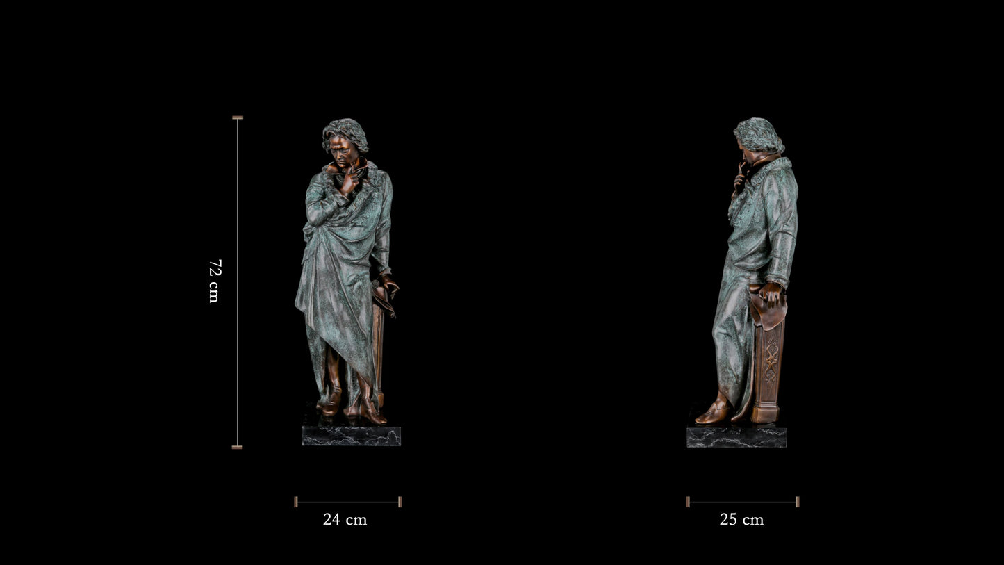 Full-length Beethoven bronze statue with verdigris patina. Handcrafted sculpture with marble base—perfect for collectors, musicians, and luxury statement interiors.